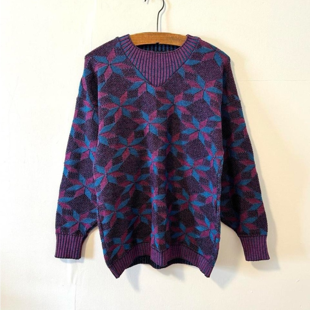 Vintage 80’s Demetre large knit geometric snowflake crewneck sweater wool